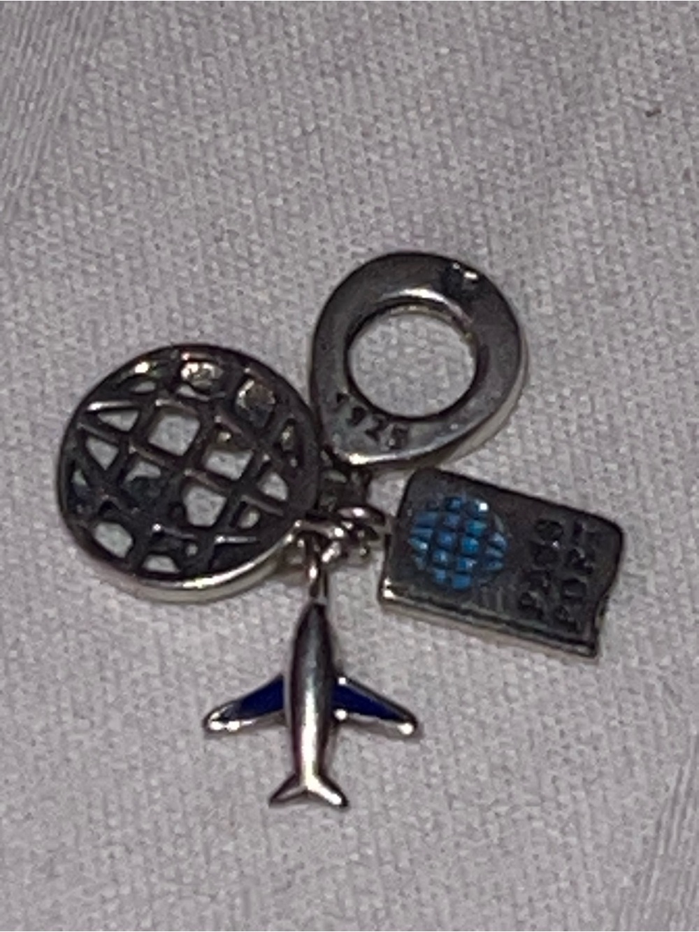 925 Sterling Silver Travel Charm Pendant with Blue Accent Plane, Globe, Passport